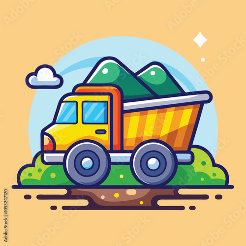 A cute cartoon dump truck with green hills in the bed. The truck is yellow with black tires, and is on a dirt road with green grass.