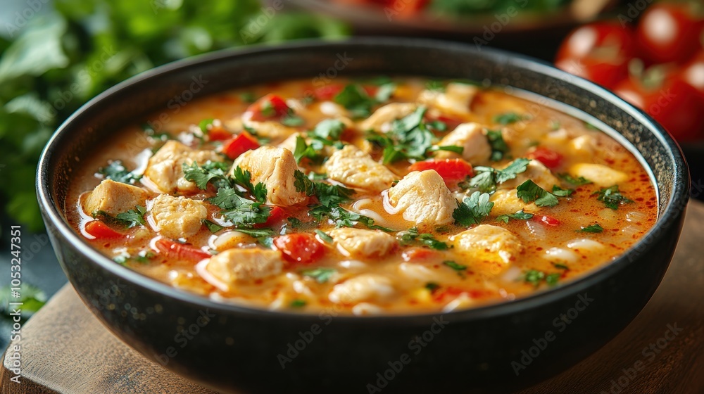A close-up of a bowl of spicy chicken noodle soup with red bell peppers and cilantro garnishing. A close-up of a bowl of spicy chicken noodle soup with red bell peppers and cilantro garnishing.