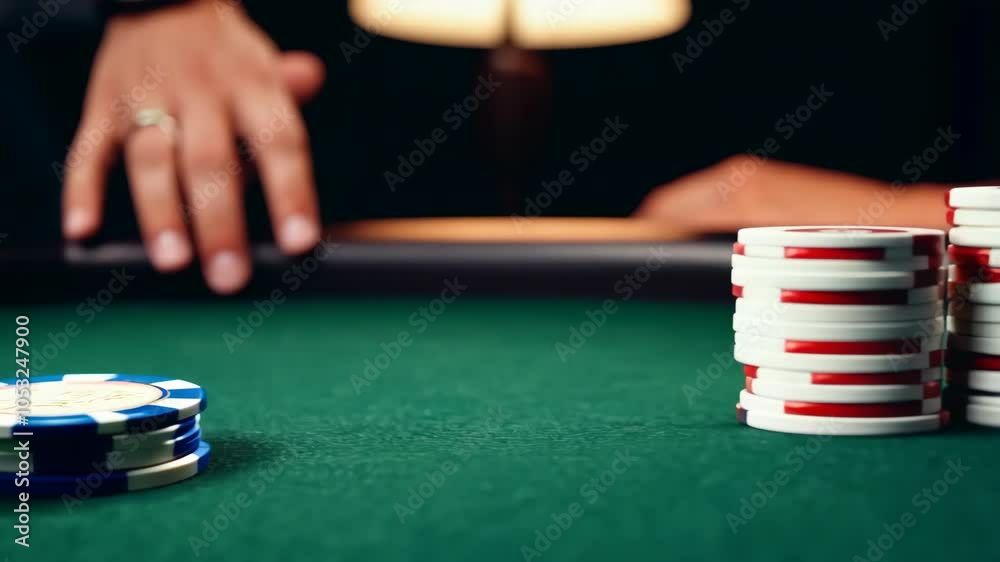 Gambling tension: poker chips and hands on green casino table