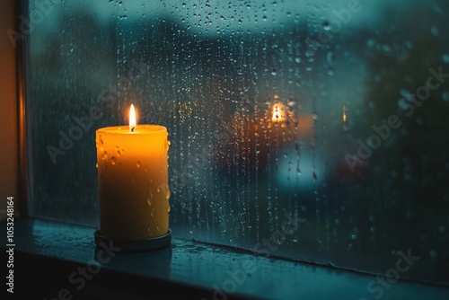 A single candle on a window sill, with raindrops gently hitting the glass, symbolizing melancholy and reflection