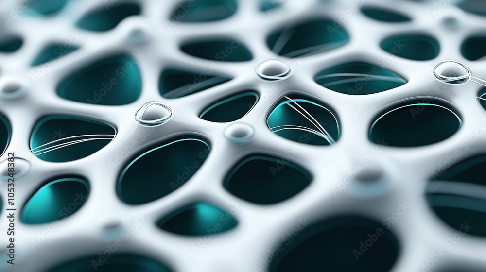 Abstract 3D of a porous structure with interconnected teal and white geometric shapes and fluid dynamics, depicting a futuristic or scientific concept. Abstract 3D of a porous structure with interconnected teal and white geometric shapes and fluid dynamics, depicting a futuristic or scientific concept.
