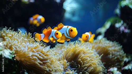 A group of orange and white clownfish swim near a vibrant yellow and brown anemone in a blue and green aquatic environment. photo