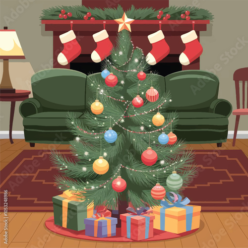 A vector illustration of a Christmas tree with brightly colored ornaments, including red and green spheres, gold stars, and a silver bell. The tree has a wooden base and is placed on a snowy ground. T