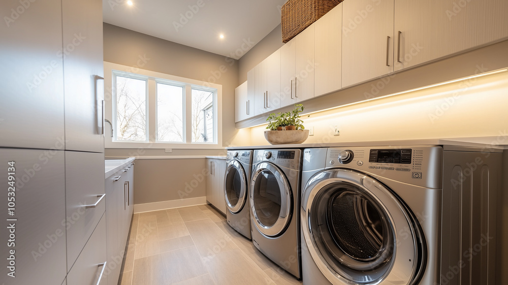 custom made wallpaper toronto digitalMinimalist Laundry Room with gray cabinetry and stainless steel appliances.