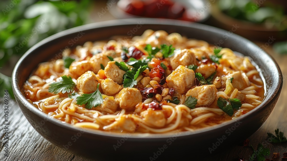 A bowl of chicken noodle soup with chili peppers and parsley garnish.
