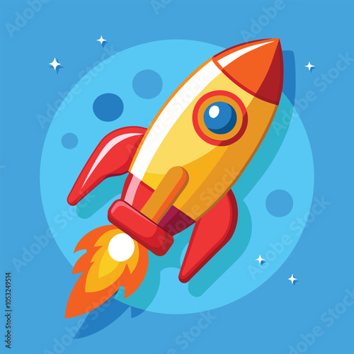 A yellow and red cartoon rocket blasts off into space with a trail of orange flames.