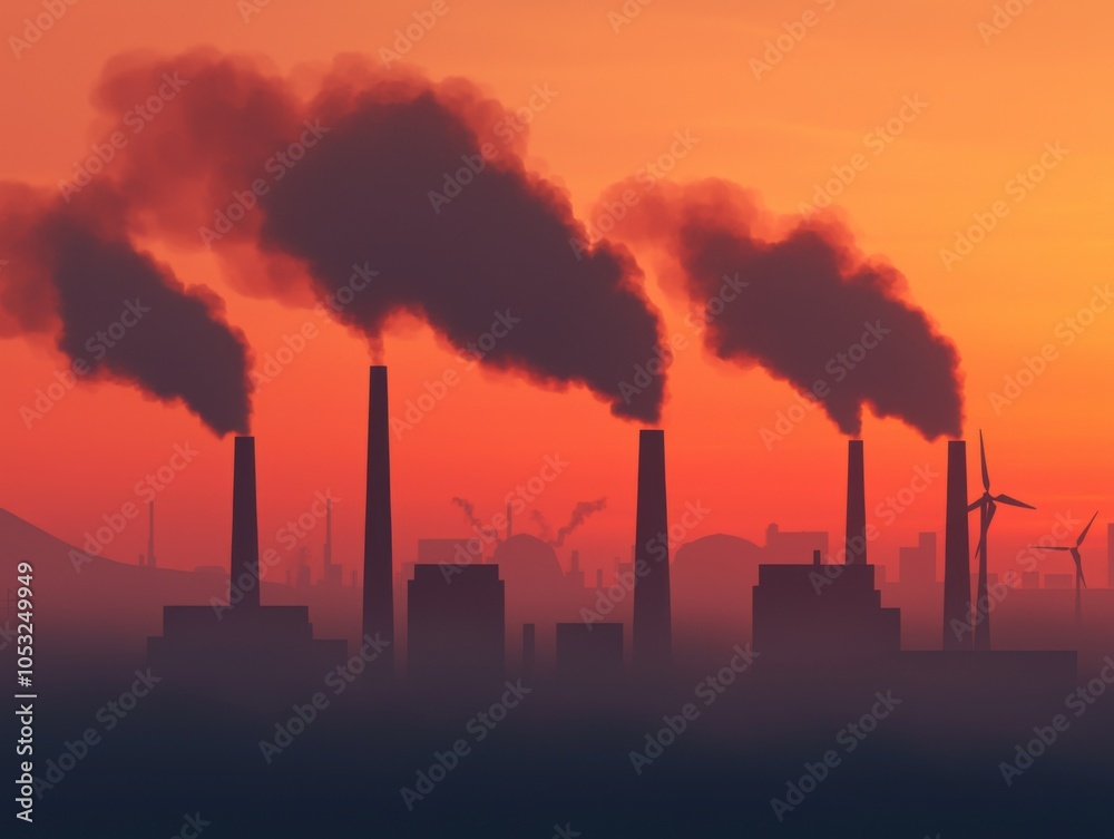 Factories Emitting Smog Into Cloudy Sky at Dusk Factories Emitting Smog Into Cloudy Sky at Dusk
