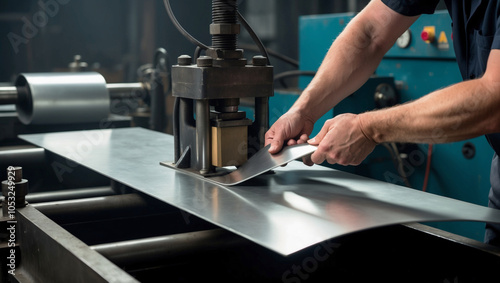 A Fabricator Bending a Metal Sheet Using a Hydraulic Press in a Dimly Lit Workshop photo