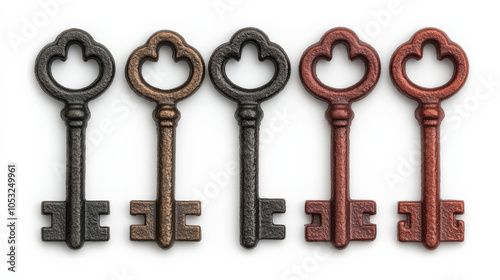 Vintage Keys to Success: A row of five antique skeleton keys in various shades of black, bronze, and red, arranged against a clean background for a timeless, classic image.