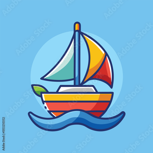 Colorful cartoon sailboat with a blue mast and red, yellow, and green sails on a blue background.
