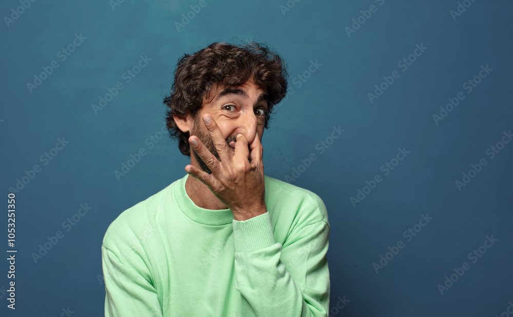 feeling disgusted, holding nose to avoid smelling a foul and unpleasant stench feeling disgusted, holding nose to avoid smelling a foul and unpleasant stench