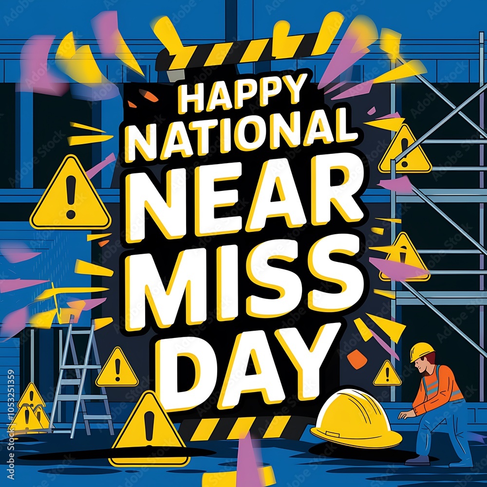 Illustration of Happy National Near Miss Day with Construction Worker and Safety Signs Illustration of Happy National Near Miss Day with Construction Worker and Safety Signs