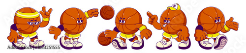 Retro cartoon basketball mascots in dynamic poses. Playful character wearing sneakers, yellow headband and uniform elements. Animated figure in different movements and expressions while handling ball.