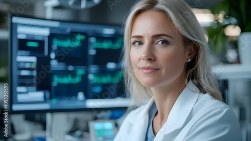 Portrait of a Professional Female Doctor Analyzing and Reviewing Futuristic Holographic Medical Data Through an Advanced Digital Display in a Modern Medical Research Workspace