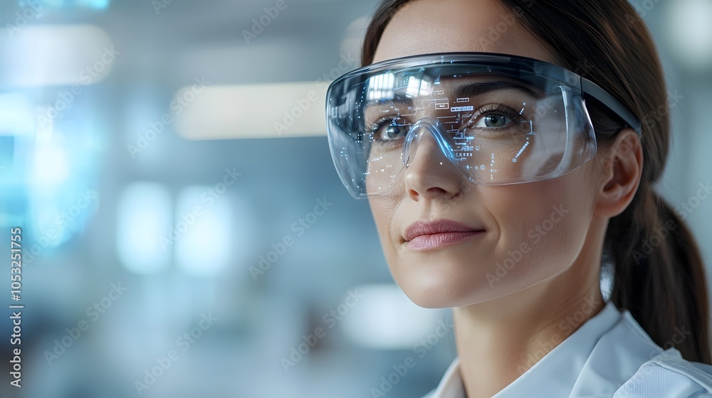 Focused female medical professional in lab coat using a futuristic holographic display to analyze and evaluate advanced patient data in a modern innovative healthcare setting Focused female medical professional in lab coat using a futuristic holographic display to analyze and evaluate advanced patient data in a modern innovative healthcare setting