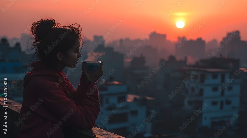 A woman enjoying a warm cup of fragrant chai tea while taking in the breathtaking view of a bustling city skyline at the tranquil hour of sunrise A woman enjoying a warm cup of fragrant chai tea while taking in the breathtaking view of a bustling city skyline at the tranquil hour of sunrise