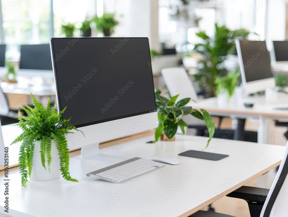 Fototapeta premium Modern clean office featuring ergonomic chairs and large monitors for a productive work environment.
