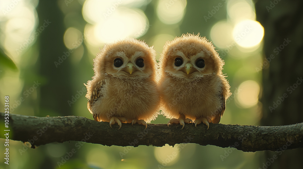 Fototapeta premium Baby owls perched together on tree branch with bokeh background