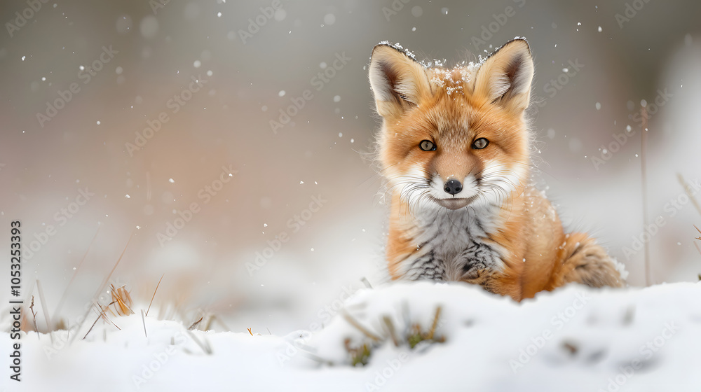 Obraz premium Portrait of cute red fox cub in the snow in winter time