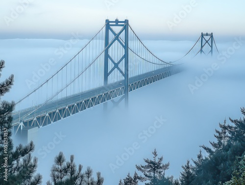  Bridge partly obscured by fog, inviting trust and contemplation as it disappears into the unknown beyond the mist.