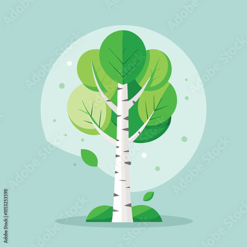A flat, cartoon illustration of a birch tree with green leaves against a light blue background.