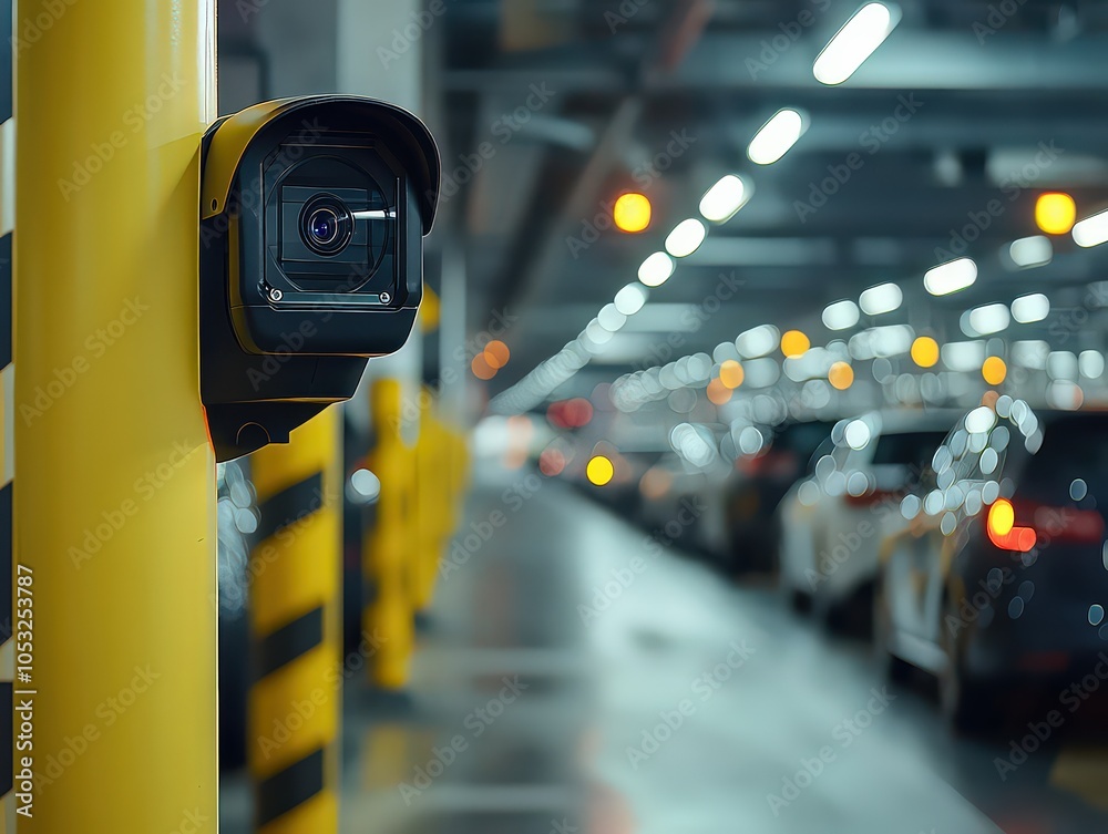 Yellow surveillance camera inside busy parking garage, providing continuous security and monitoring in high-traffic areas. Yellow surveillance camera inside busy parking garage, providing continuous security and monitoring in high-traffic areas.