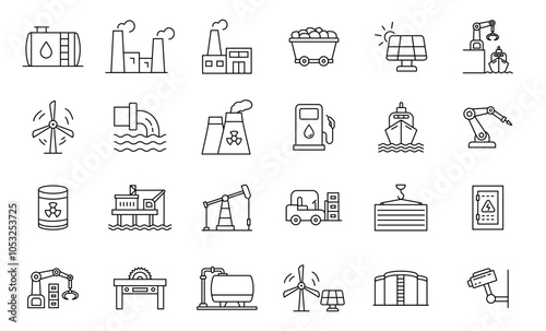 Set of industry icons. Containing factory, eco factory, industrial robot, recycling plant. Vector illustration.