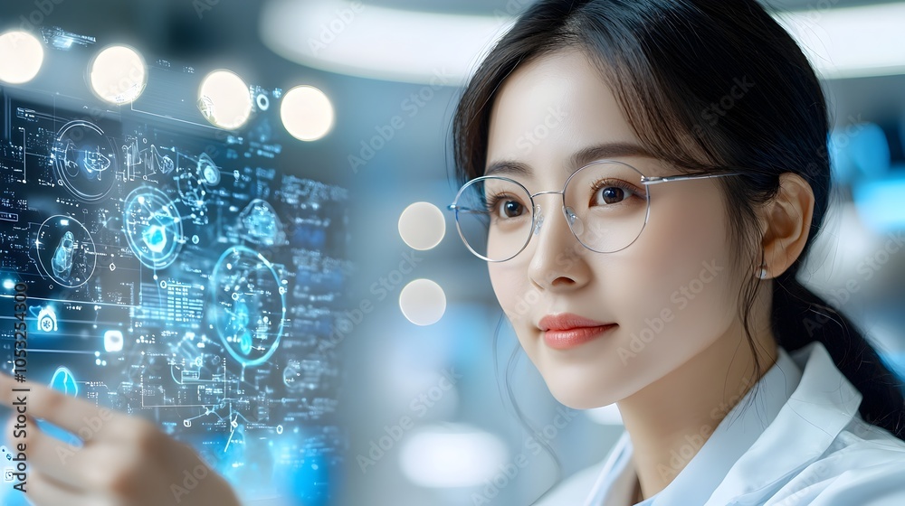Futuristic scene of a female healthcare professional reviewing and analyzing medical data through an advanced holographic interface Futuristic scene of a female healthcare professional reviewing and analyzing medical data through an advanced holographic interface