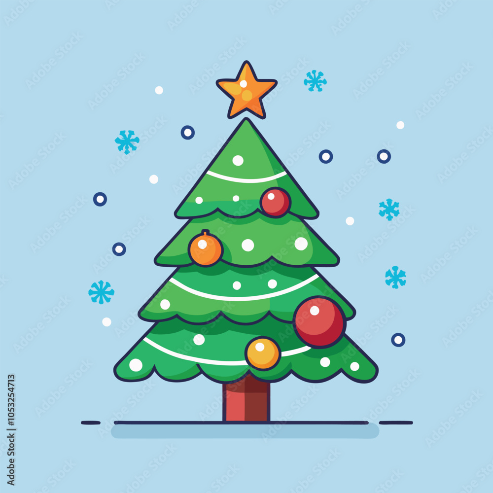 A cartoon Christmas tree with ornaments and a star on top. It is snowing lightly.