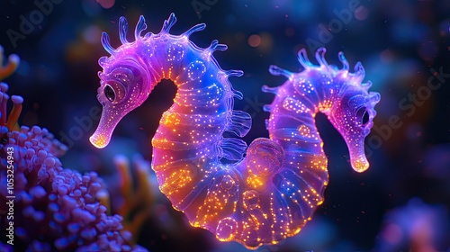 Two glowing seahorses with purple and orange hues swimming near coral.