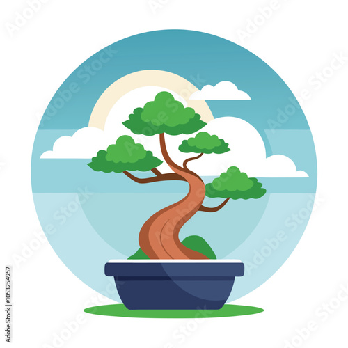 A bonsai tree in a pot, with a blue sky and clouds in the background. The tree is a symbol of peace and tranquility, and the scene is a reminder to take a moment to appreciate the beauty of nature.