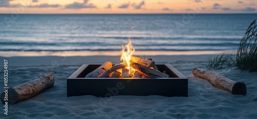 A cozy fire pit on the beach at sunset, with a warm fire burning in the center. photo