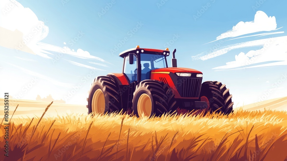 Fototapeta premium Tractor in Field with Freshly Harvested Crops
