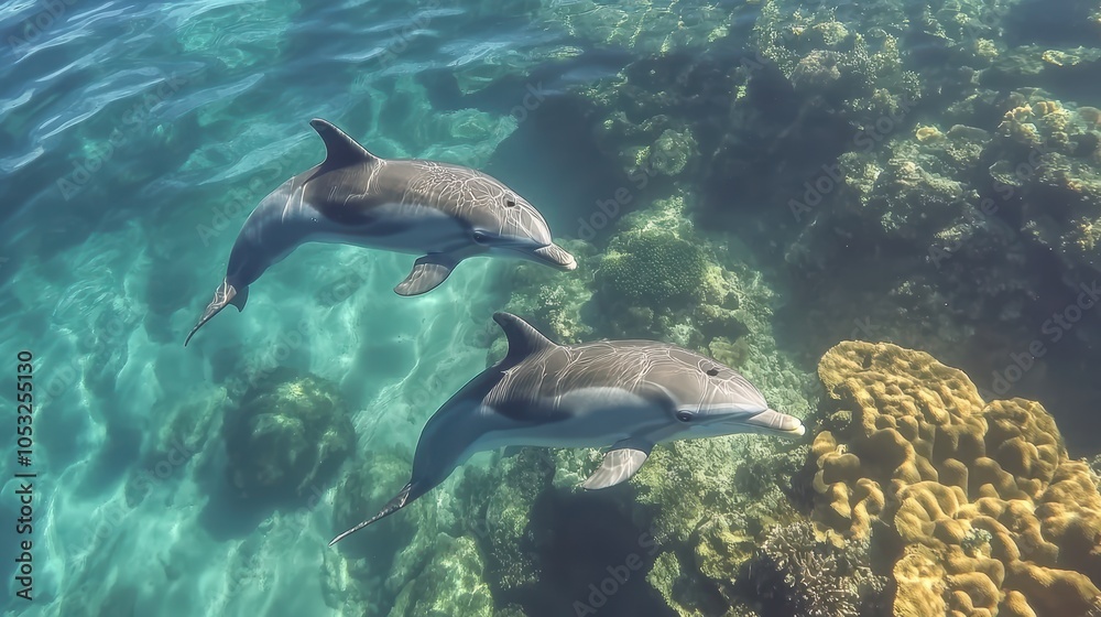 Fototapeta premium Dolphins Swimming in Clear Water with Baby Dolphin