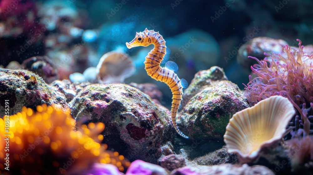 Baby Seahorse Gliding Around Underwater Rocks Baby Seahorse Gliding Around Underwater Rocks