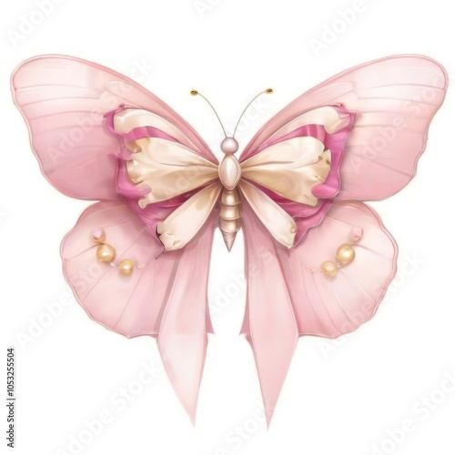 Elegant pink butterfly digital illustration with spread wings on white background, featuring golden bead center and glossy texture.