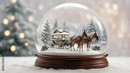 Christmas snowball with trees horse and house. Happy New Year and Merry Christmas banner. Glass snow globe design with  Festive Christmas  photo