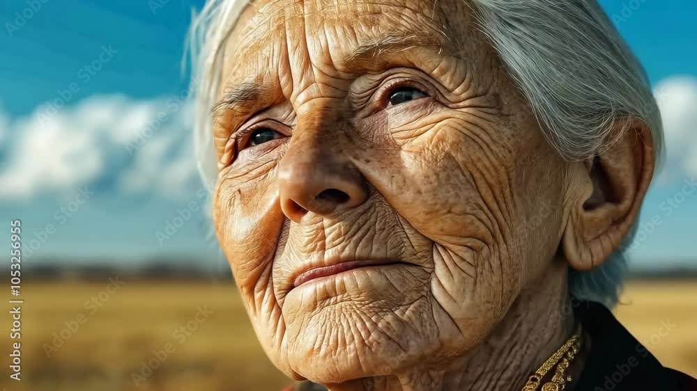 An elderly woman with silver hair looks up at the sky with a thoughtful expression on her face An elderly woman with silver hair looks up at the sky with a thoughtful expression on her face