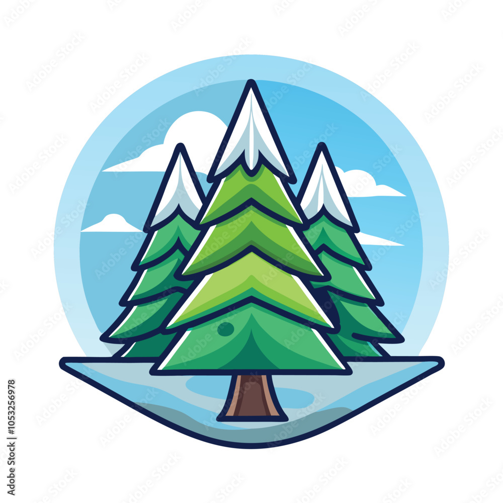 Obraz premium Three evergreen trees stand tall, their branches reaching towards a clear blue sky with puffy clouds. A touch of snow crowns the trees, suggesting a wintery scene.