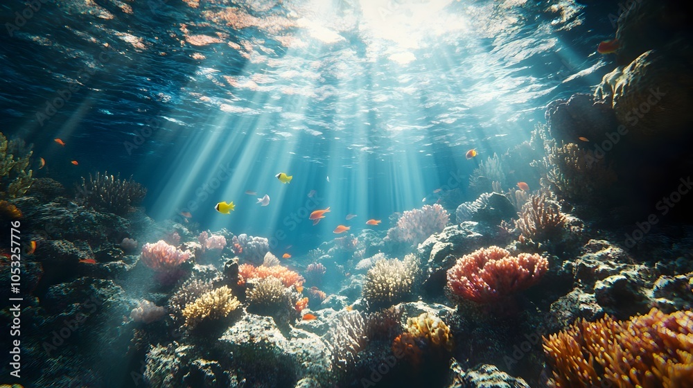Fototapeta premium Breathtaking 3D underwater scene showcasing a vibrant coral reef ecosystem filled with a variety of tropical fish swimming amidst shafts of sunlight piercing the azure waters
