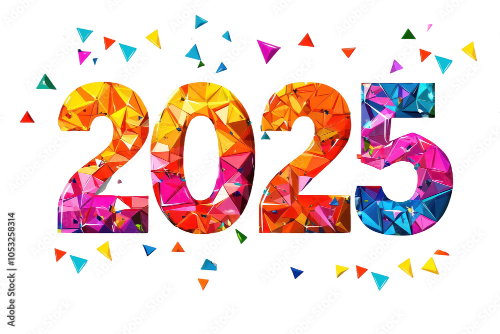 Fototapeta premium 2025 happy new year with colorful number typography illustration design on a transparent background, PNG Cutout