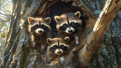 Three young raccoons scrambling over each other to peer out a hole in a large tree. Digital artwork photo