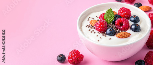 A vibrant bowl of yogurt topped with fresh raspberries, blueberries, almonds, chia seeds, and a sprig of mint on a pink background.