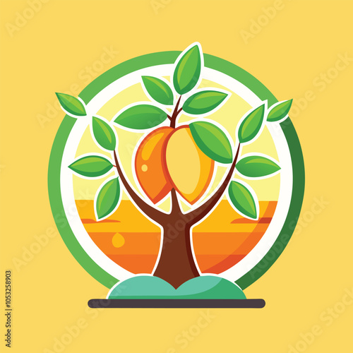 A cartoon illustration of a tree with two bright orange fruits and green leaves.