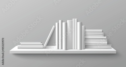 White blank book on shelf in library vector mockup. 3d bookshelf with textbook spine cover element for school interior. Office stand with paperback publication to display furniture modern design