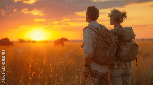 Tourist couple on an African safari to view wildlife in an open grassy field as the sun comes up photo