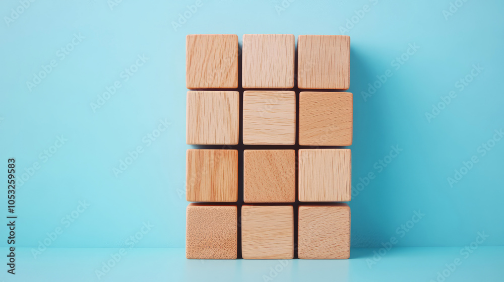 Wooden Blocks Arrangement on a Light Blue Background Wooden Blocks Arrangement on a Light Blue Background