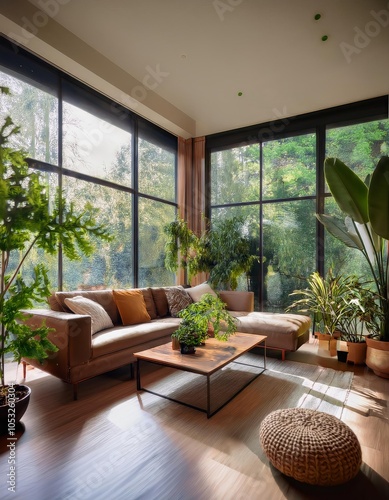 Interior of a modern living room with a view of the garden