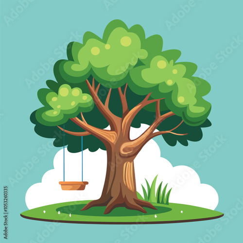 A cartoon tree with a swing hanging from a branch.