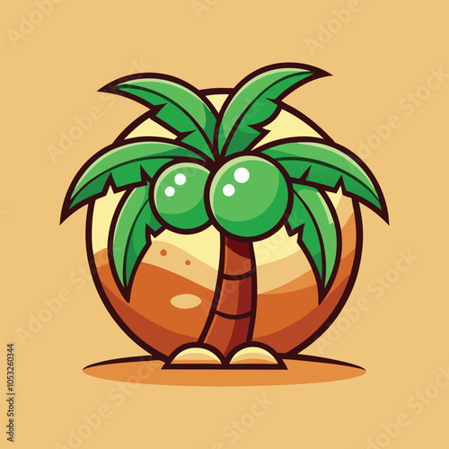 A cartoon illustration of a palm tree with two coconuts, set against a sunset background.